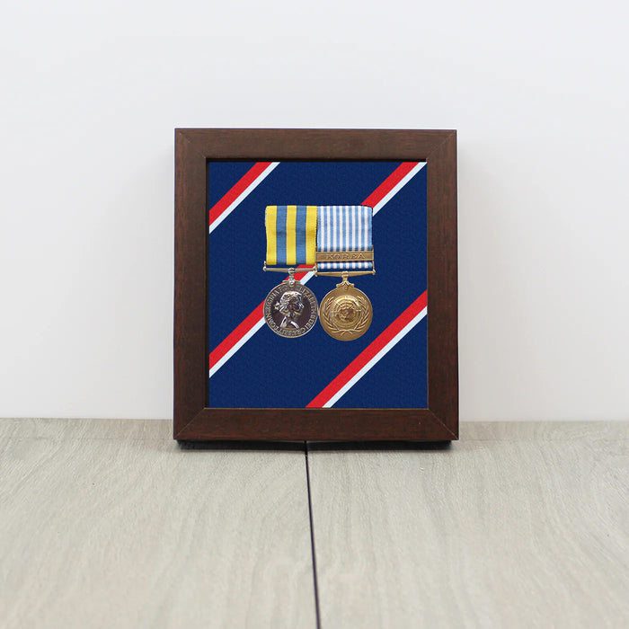 Royal Navy Medal Display Case (1–2 Medals) – Dark Wood & Gold Frame with Navy Tie Colours Background – Mounted Medal Holder UK