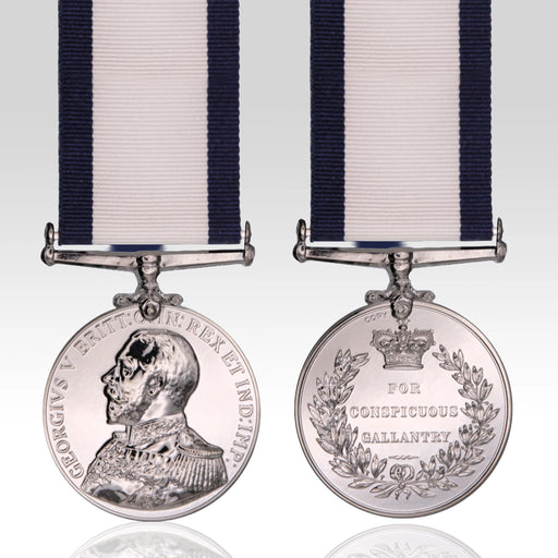 Two silver military medals with navy and white striped ribbons, shown front and back on a light gray reflective background.