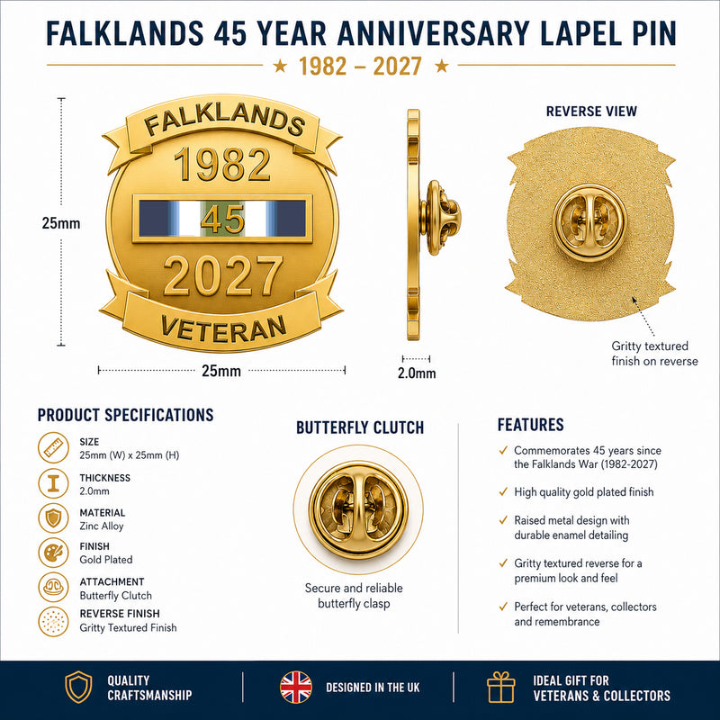 A product infographic for a Falklands 45 Year Anniversary Lapel Pin, showing the front, reverse, side profile, dimensions, specifications, and features of a gold-plated pin on a white background with blue footer accents.