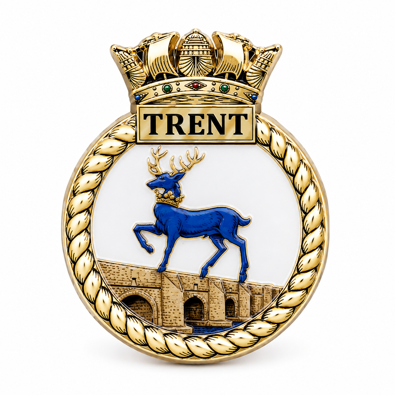 HMS Trent Royal Navy enamel lapel pin featuring the ship's badge with a blue stag above a stone bridge, surrounded by a gold rope border and topped with a naval crown. Gold-plated 25mm military lapel badge displayed on a white background.