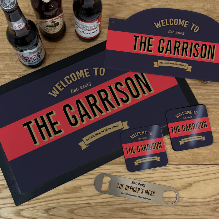 Personalised Household Cavalry Bar Set  Military Gift with Bar Mat, Coasters, Bottle Opener & Bar Sign Options