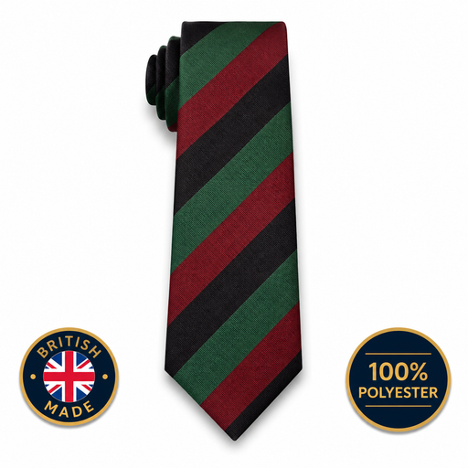 A striped necktie with diagonal bands of green, red, and black, displayed on a white background with two circular badges indicating 'British Made' and '100% Polyester'.