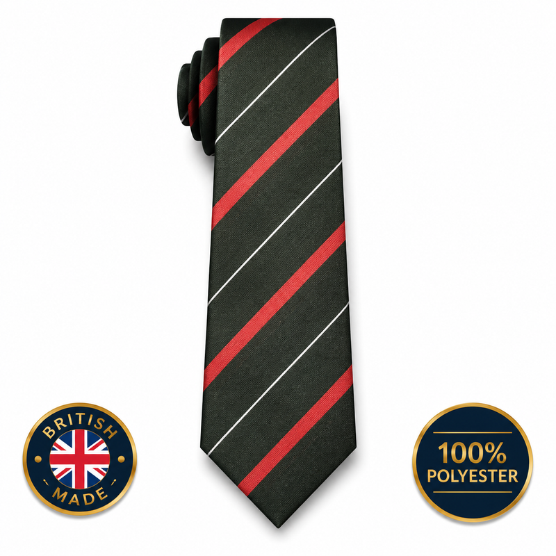Light Infantry striped polyester tie in dark green with red and silver diagonal stripes on a white background with British Made and 100% Polyester badges.