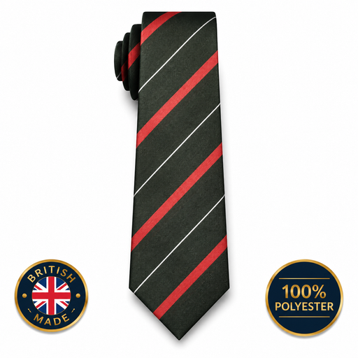 Light Infantry striped polyester tie in dark green with red and silver diagonal stripes on a white background with British Made and 100% Polyester badges.