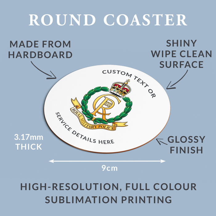 Military Badge & Text Colour Printed MDF Round Coaster – 9cm