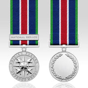 Front and back views of a British Forces Defence Medal with a 'National Service' ribbon, shown on a light gray reflective background.