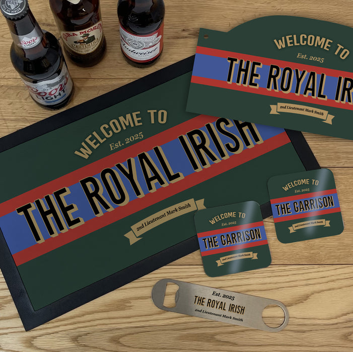 Personalised Royal Irish Regiment Bar Set Military Gift with Bar Mat, Coasters, Bottle Opener & Bar Sign Options
