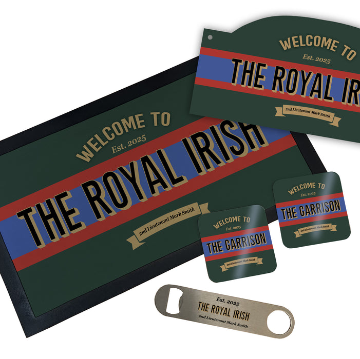 Personalised Royal Irish Regiment Bar Set Military Gift with Bar Mat, Coasters, Bottle Opener & Bar Sign Options