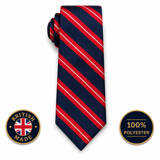 Royal Anglian Regiment striped polyester tie in navy, red and white on a white background with British Made and 100% Polyester badges.