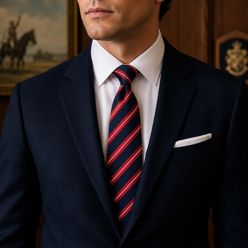 A man wearing a dark navy suit jacket, white dress shirt, and a navy tie with red and white diagonal stripes. A white pocket square is tucked into his breast pocket.