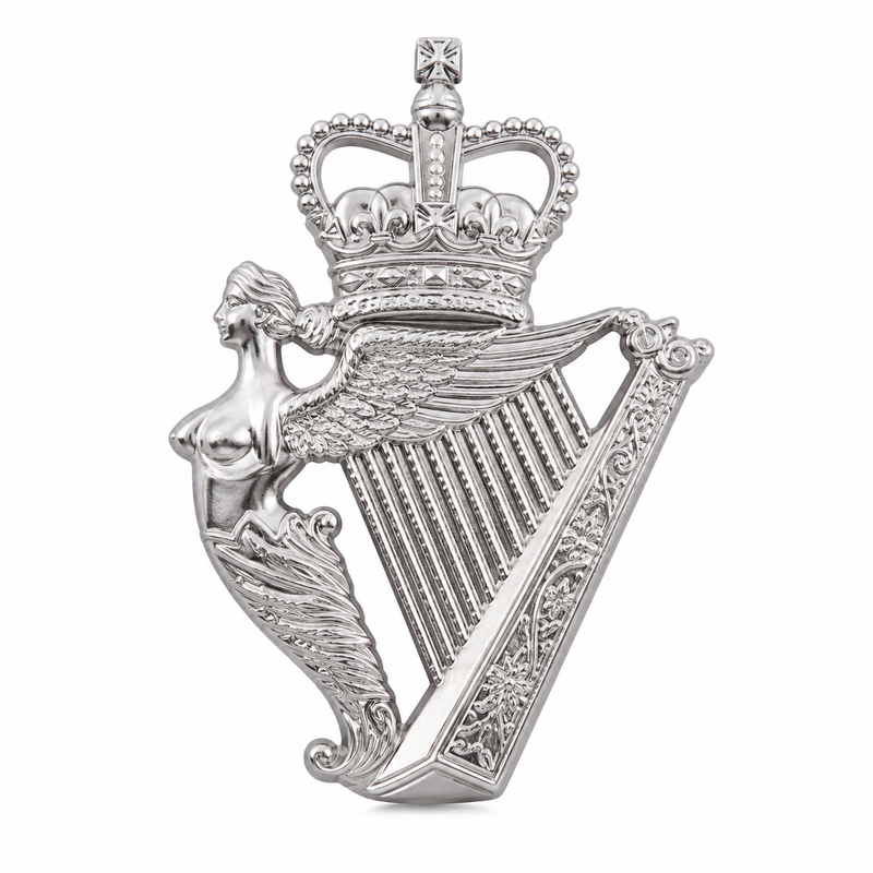 Royal Irish Regiment Harp 25mm silver lapel pin featuring the crowned Irish harp with winged female figure, displayed on a white background.