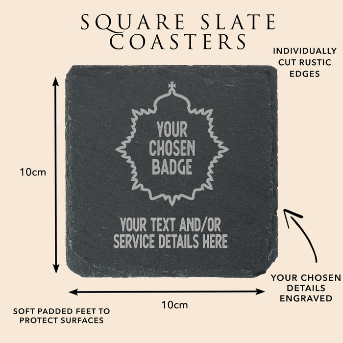 Military Badge & Text Engraved Square Slate Drinks Coaster