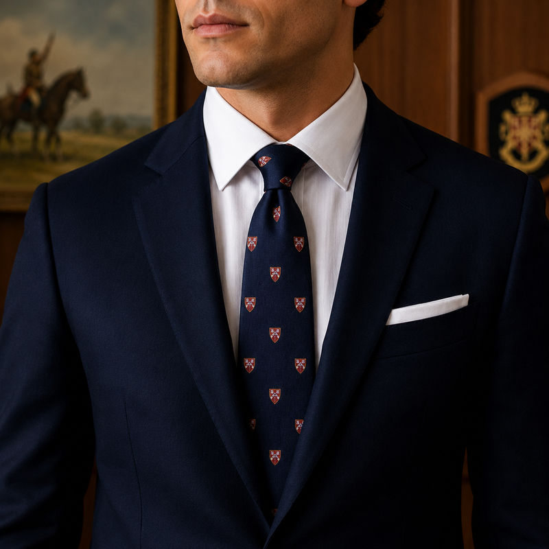 A man wearing a navy blue suit jacket, white dress shirt, and a navy blue patterned tie with a white pocket square, photographed in an indoor setting with wood paneling and framed artwork in the background.
