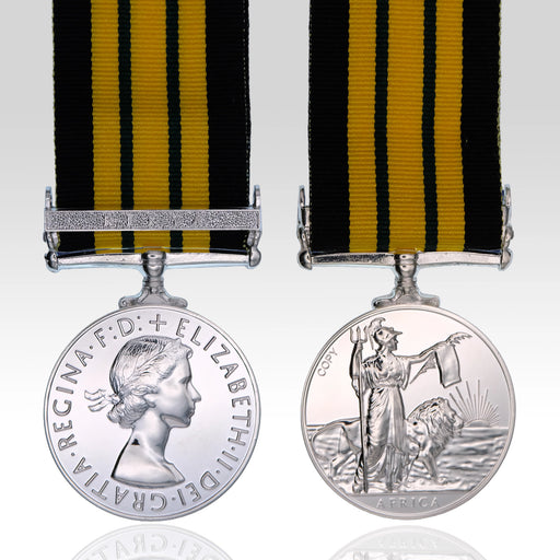 Elizabeth II Africa General Service Medal with Kenya clasp and striped yellow ribbon