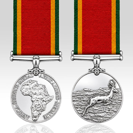 Two views of a South African Republic Service Medal with the African Lion branch: the front side shows a raised map of Africa with the text 'AFRICAN SERVICE MEDAL AFRICAN LION', and the reverse side shows a leaping lion in a landscape. Each medal has a red, yellow, and green striped ribbon attached with a silver bar.