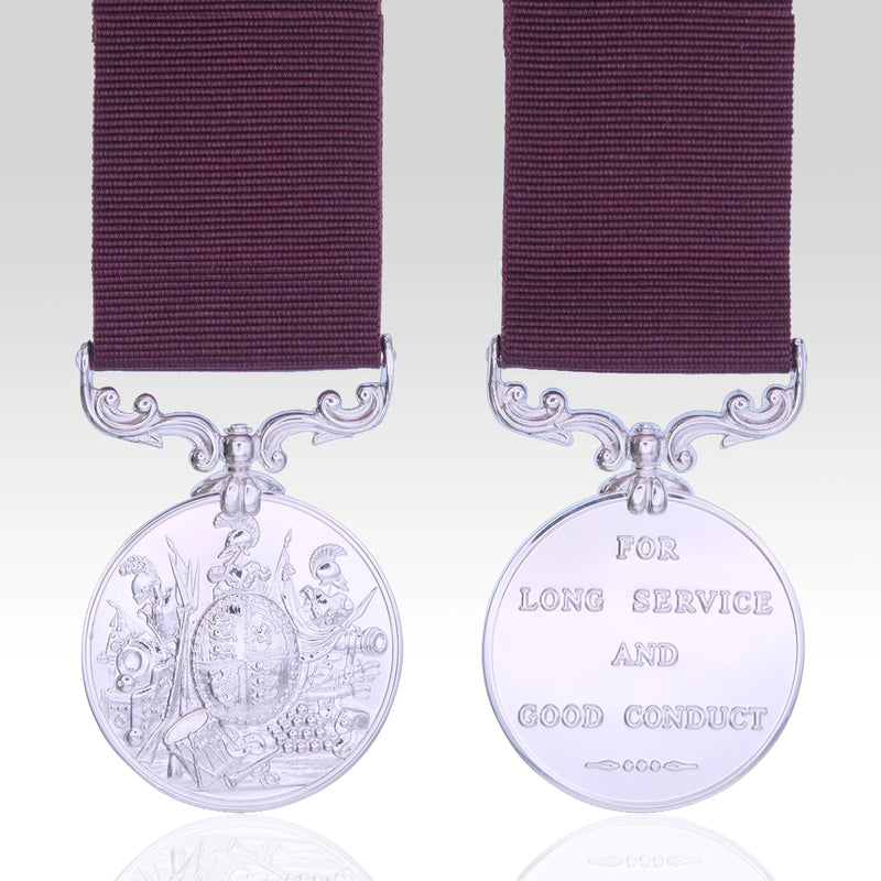 Full-size Queen Victoria Army Long Service and Good Conduct Medal showing both sides with crimson ribbons.