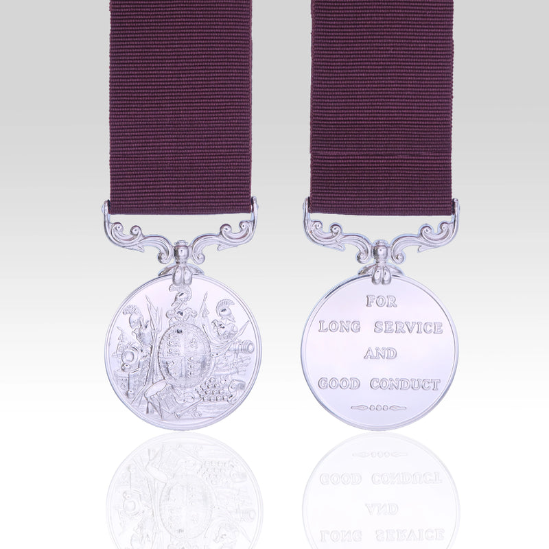 Queen Victoria Army Long Service and Good Conduct miniature medal showing both sides with crimson ribbons.