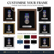 Custom military medal display frame showing available frame finishes and luxury velvet backing colour options, including dark wood, black, oak, white, grey and dark wood with gold.