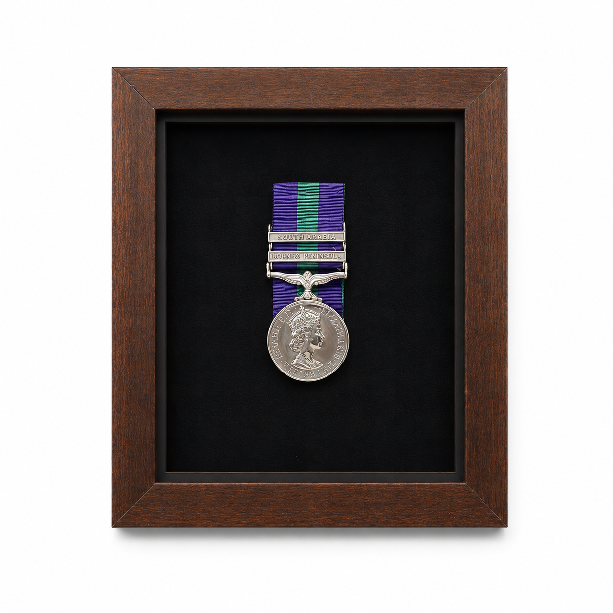 Custom military medal display frame with choice of frame finishes and velvet backing colours, including dark wood, black, oak, white, grey and luxury velvet options.