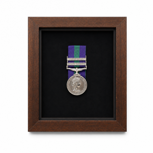 Custom military medal display frame with choice of frame finishes and velvet backing colours, including dark wood, black, oak, white, grey and luxury velvet options.