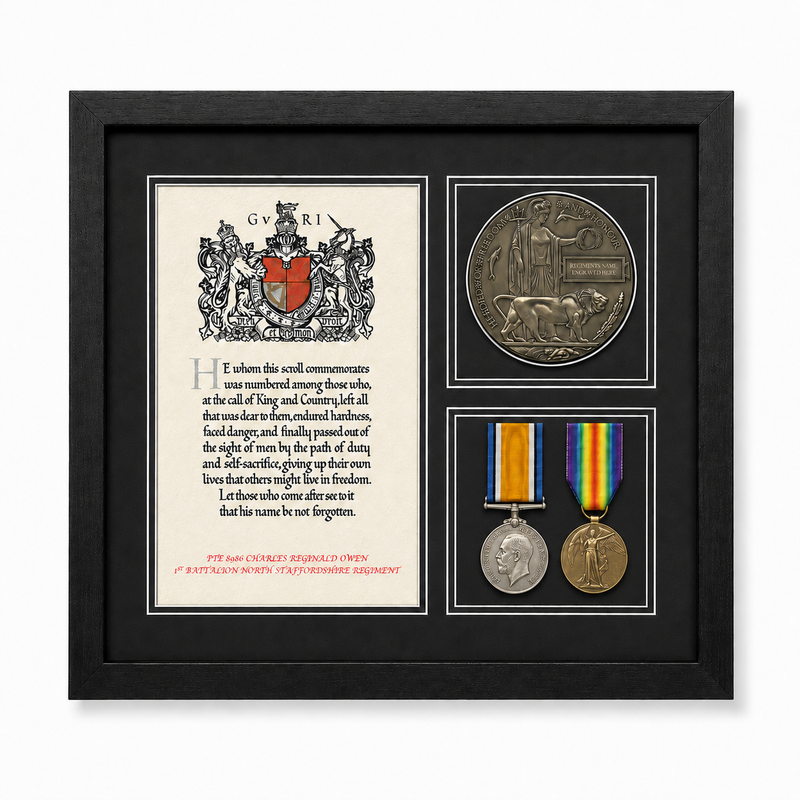 Personalised framed WW1 Memorial Scroll, Death Penny, British War Medal and Victory Meda