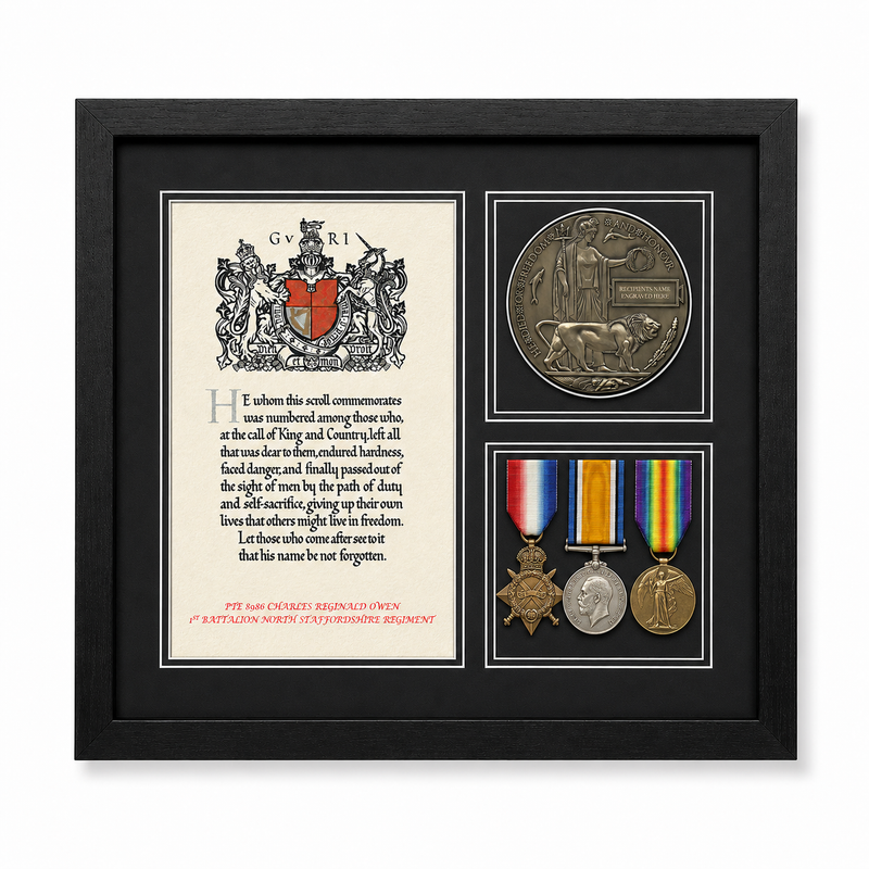 Personalised Framed WW1 Replica Medal Trio, Memorial Plaque & Scroll