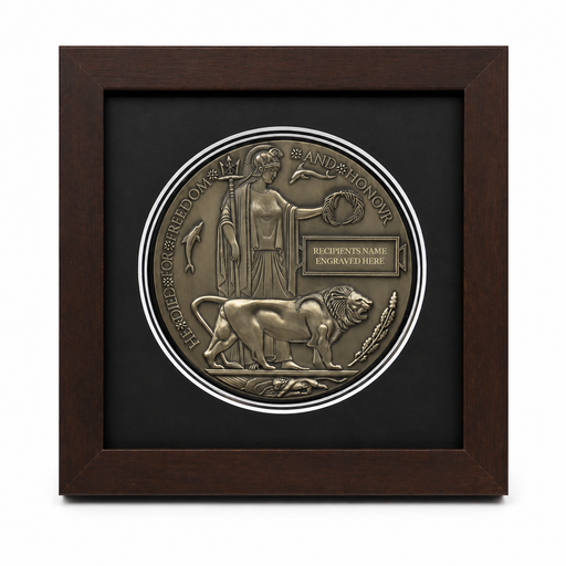 Personalised WW1 Memorial Plaque Death Penny replica in a handmade dark wood frame with black presentation mount