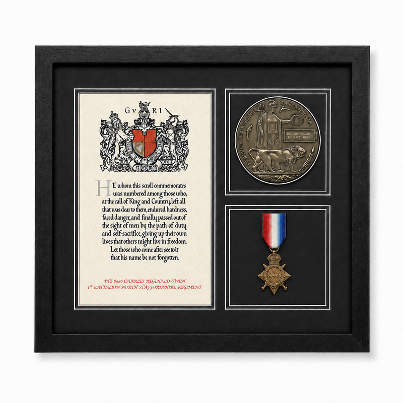 Personalised framed WW1 Memorial Scroll, Death Penny and 1914–15 Star