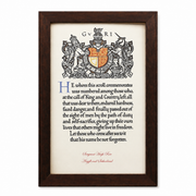 Personalised reproduction WW1 Next of Kin Memorial Scroll displayed in a handmade dark wood frame