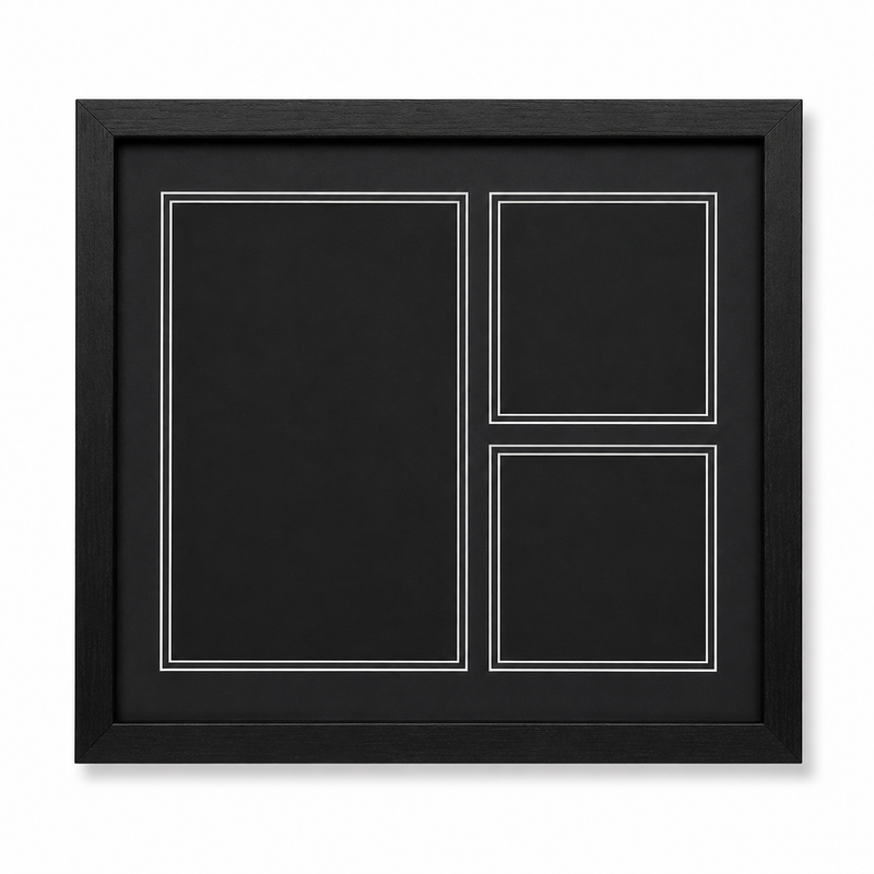Empty black solid wood WW1 display frame with spaces for a Memorial Scroll, Death Penny and two medals