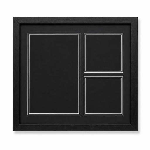 Empty black solid wood WW1 display frame with spaces for a Memorial Scroll, Death Penny and two medals