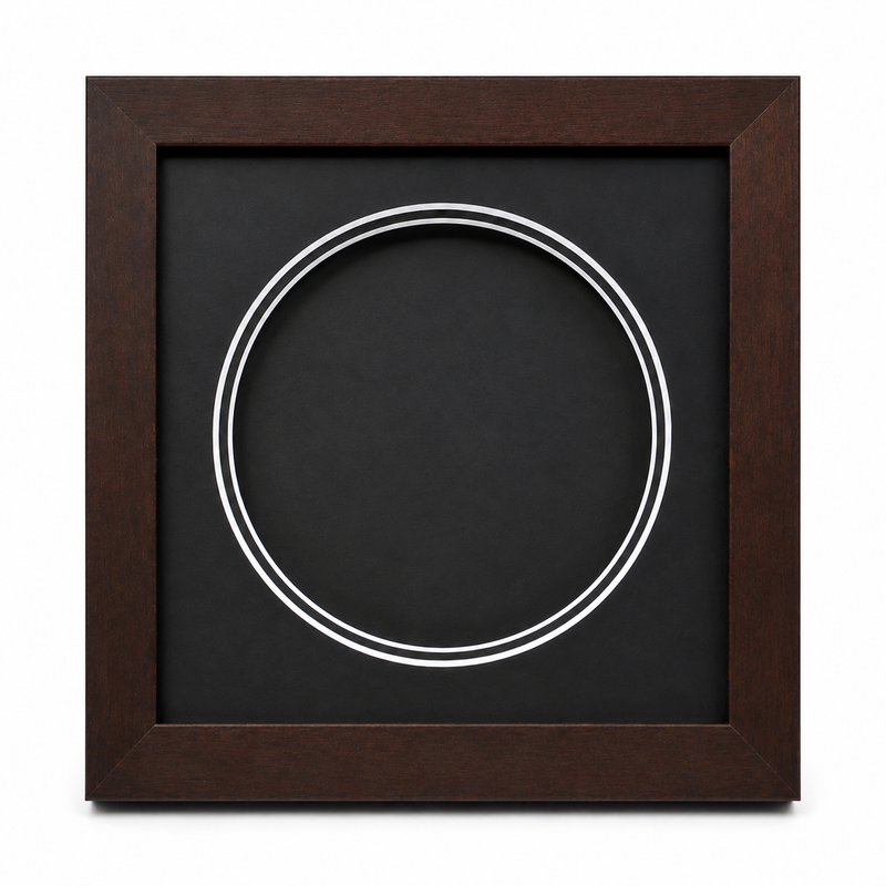 Empty dark wood WW1 Memorial Plaque display frame with black mount and circular opening