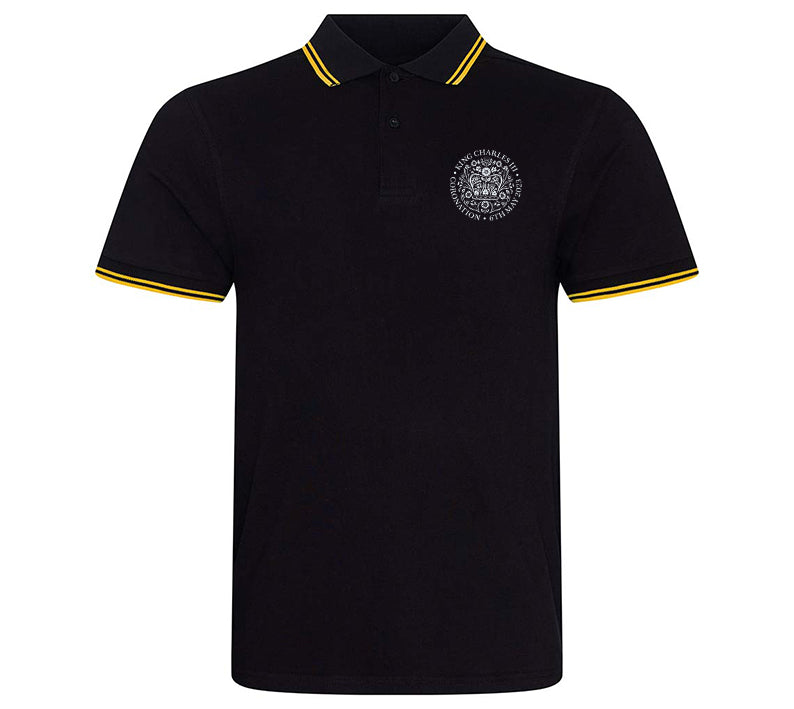 King Charles Coronation Emblem Embroidered Black & Yellow Polo Shirt